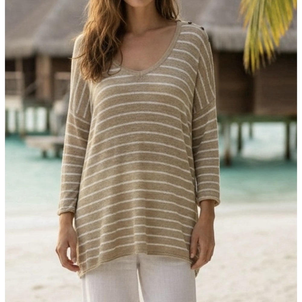 J. Jill Linen Blend 3/4 Length Sleeve Thin Pullover Beige Striped Sweater M Tall
